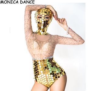 Women's Jumpsuits Rompers Sexy Stage Gold Mirror Silver Transparent Bodysuit Headdres Dancer Prom Wear Birthday Celebrate 230625