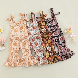 Overall Fashion Autumn Little Kids Girls Jumpsuits 6m-4y Ribbed Floral Print Sleeveless Backless Jumpsuits Flare Long Pants kläder 230625