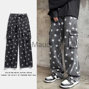 Мужские джинсы American Washed Street Hip Hop Мужские джинсы Vintage Star Big Poet Loose Straight Bla Спецодежда Джинсы Брендовые мужские брюки J230626