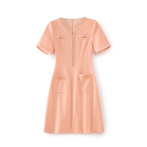 2023 Summer Pink Solid Color Dress Short Sleeve V-Neck Knee-Length Casual Dresses W3L043904