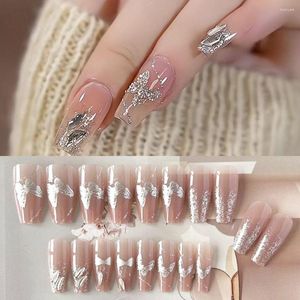 False Nails 24pcs Nail Tips DIY Detachable Full Cover Long French Silver Butterfly Ballerina Fake