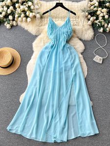 Vestidos Casuais Praia Vestido Maxi Roupas de Verão Para Mulheres Sexy Sling Decote em V Sem Mangas Dobra Magro Dividido Boho Longo