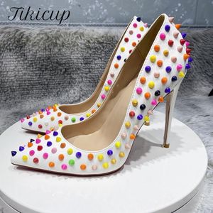 Boots Tikicup Multicolor Spikes Women White Matte Pointy Toe High Heel Celebrity Party Shoes Sexy Ladies Slip on Thin Stiletto Pumps