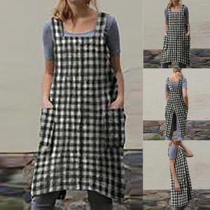 Casual Kleider Frauen Kleid Baumwolle Leinen Pinafore Garten Arbeit Plaid Druck Mode Jurken #G2