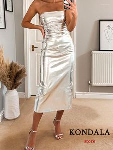 Повседневные платья KONDALA, сексуальное блестящее серебряное длинное платье без бретелек, женское плиссированное платье с разрезом на спине, вечерние модные летние элегантные платья 2023