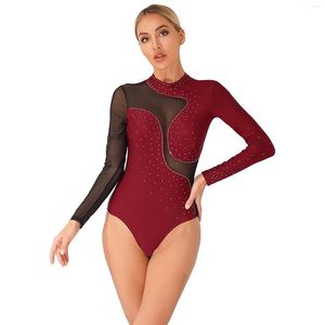 Scenverk kvinnors mesh långärmad speklöst strass färgblock bodysuit för gymnastik dans akrobatik Figurskridskoåkning