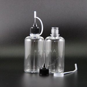 100PCS 50ML PET Flacone contagocce Punta dell'ago Tappo dell'ago in metallo Flaconi contagocce comprimibili ad alta trasparenza Vapor E cig Succo Qhsid