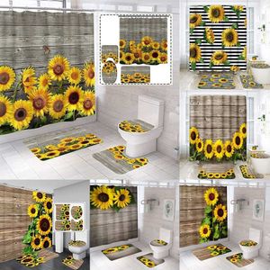 Duschvorhänge Herbst Sonnenblume Holzbrett Garten Duschvorhang-Sets Teppich Toilettendeckelbezug Badematte Gelbe Blume Schmetterling BadezimmervorhängeHKD230626