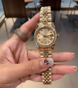 Caixa original Relógio feminino de luxo 28MM Calendário Diamante Mecânico Automático Ouro Amarelo 18k Pulseira Aço Inoxidável Clássico Relógios Femininos