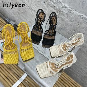 2023 New Sexy Mesh Pumps Sandals Female Square Toe High Heel Lace Up Cross-Tied Stiletto Hollow Dress Shoes