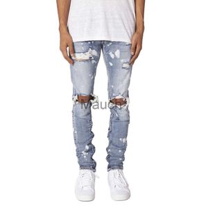 Men's Jeans Men's Ripped Paint Distressed Button Fly Zipper Leg Hip Hop High Street Skinny Denim Jeans J230626
