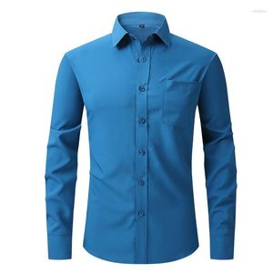 Men's Dress Shirts Men's Saxony Blue For Men Stylish Long Sleeve Solid Color Pocket Shirt Business Formal Slim Fit Ropa Hombre