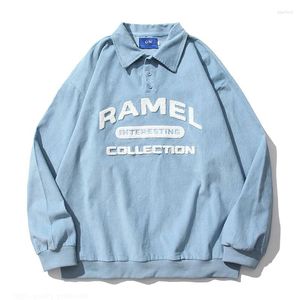 Men's Hoodies Hip Hop Sweatshirt Streetwear Pullovers 2023 Men Retro Flocking Letter Polo Lapel Sweat Shirt Harajuku Cotton Casual Couple