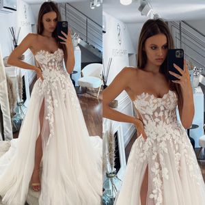 Vintage A Line Wedding Dresses for bride Sweetheart Appliques Rendas Vestido de Noiva Sweep Train Sem Costas Coxa Fenda Longo vestidos de noiva de grife