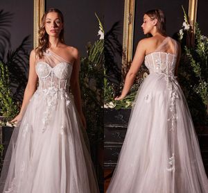 Sparkly Bohemian Plus Size A Line Wedding Dresses One Shoulder Satin Sequined Sweep Train See Through Lace Applique Beach Boho Bridal Gowns For Wedding Party
