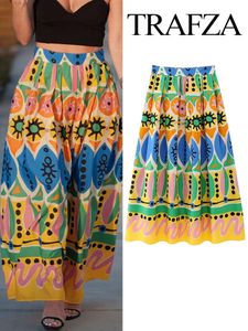 Skirts TRAFZA Summer Women Vintage Loose Zipper Chic Mid Length Boho Print Sexy sleeveless Slim Backless Halter Womans 230625