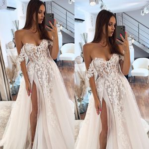 Vintage A Line Wedding Dresses for bride Off Shoulder Floral Appliques Lace Wedding Dress Sweep Train Backless Thigh Slit Long designer bridal gowns