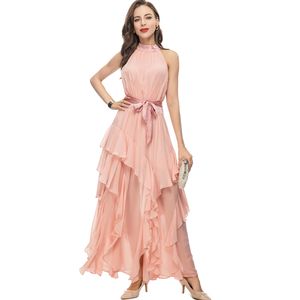 Women's Runway Dresses Halter Sleeveless Ruffles Lace Up Belt Fashion Designer Party Prom Gown