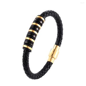 Link Bracelets 2023 Brand Bracelet Men ID Bangle Black Braided Genuine Leather Women Stainless Steel Male Jewelry Pulseira