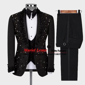 Ternos Masculinos Blazers Luxo Casamento Smoking Preto Formal Noivo Homens Slim Fit Cristais Frisados ed Laple Blazer Feito Sob Medida Vestido de Baile 2023 230625