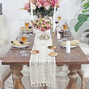 Table Runner Holaroom Beige Crochet Lace Table Runner with Tassel Cotton Wedding Decor Hollow Tablecloth Nordic Table Cover Bed Runners 230625