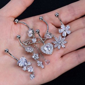 Navel Bell Button Rings Belly Button Rings Stainless Steel Butterfly Wing Flower Zircon Dangle for Women Belly Navel Rings Body Belly Piercing Jewelry 230626