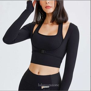 Sexig Lu Designer långärmad sport T-shirt Kvinnor 2 i 1 Crop Top Fiess Workout Yoga Jersey Gym Croped Shirts