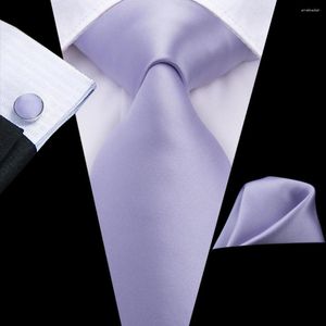 Bow Ties Lilac Violet Solid 2023 Elegant Mens Hanky Cufflink Silk Necktie For Men Wedding Party Business Fashion Brand Hi-Tie