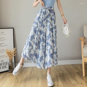 Women's Pants Women Summer Fashion Tie-dye Print Pleated Wide-leg 2023 Casual Lace-up Elastic Waist Chiffon Skirt Pant Loose Trousers