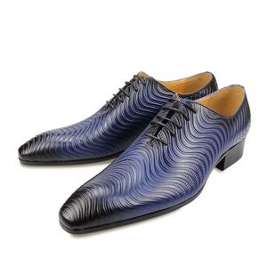 Handgefertigte Herren-Kleidschuhe, blau, modisch, bedruckt, lässig, Büro, Business, spitze Zehen, Oxford, formelle Schuhe für Herren im Großhandel