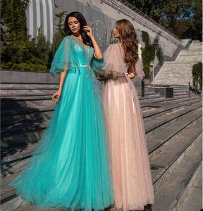 Glamorous Mermaid Prom Dresses V-Neck 1/2 Long Sleeves Shining Applicants Belt Side Split Floor Length Custom Made Plus Size Party Dress Vestido De Noite