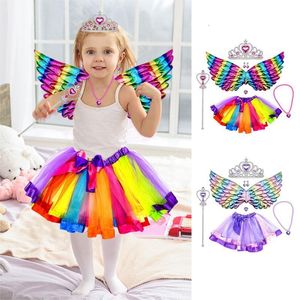 Novelty Games Fairy Costume Set Kids Princess Costume Accessories Set Fancy Dress Up Wing Wand Skirt Necklace Earrings Gemstone Crown 230625