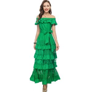 Women's Runway Dresses Slash Neckline Short Sleeves Tired Ruffles Hollow Out Elegant Fashion Designer Vestidos Prom