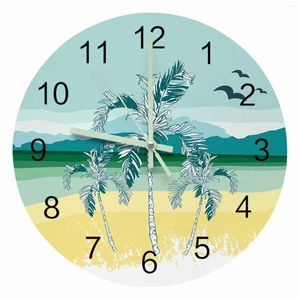 Väggklockor kokosnöt träd vid havet havsvatten Seagull Mountain Lumoinous Pointer Clock Home Ornament Round Silent Living Room Decor