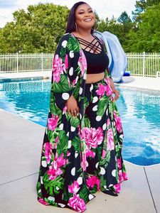 TRACKSUITS Kvinnor Plus Size 2 Piece Set Women Clothes Robes Long Tops Wide Leg Pant Summer Fashion Floral Bohemian Beach Holiday