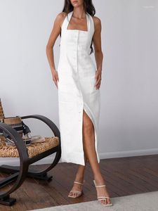 Casual Dresses Jastie White Elegant Halter Neck Tie Dress Women 2023 Summer Single-breasted Long Sexy Backless Lady