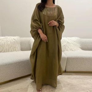 Casual Dresses Spring Vintage Loose Tassel Patchwork O-Neck Women Dress Cotton Linen Lantern Sleeve Lady Maxi Fashion One Size Long