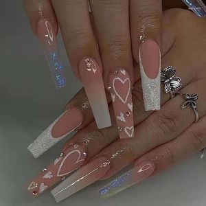 False Nails False Nails 2023 Long Ballerina French Fake Pink Sparkle Diamond Full Cover Press On Gradient Color DIY Detachable Tips