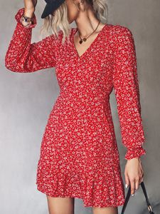 Basic Casual Dresses Long Sleeve Ruffle Dress Women Floral Print Mini Sundress Spring V Neck Boho Ladies Beach Aline Vestidos 230625