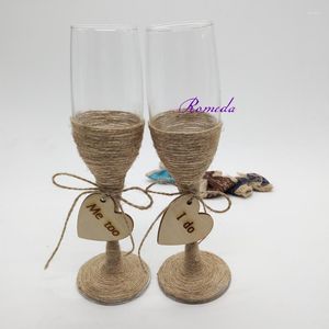 Party Favor 1Pair/Lot Rustic Wedding Glasses Champagne Flutes Burlap Toasting Me Too Do Mrs