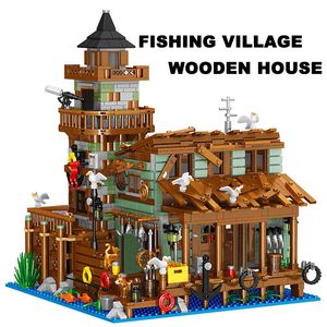 Blocks Creative Micro Fisherman Cabin Wharf Wooden House Building Street View Fishing Village Bricks Assemble Toys Gift For Kid 230625