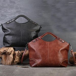 Evening Bags Retro Genuine Leather Handbag Woman Soft Hobo Shoulder Casual Large Shopper Handbags Wide Strap Ladies Cowhide Tote