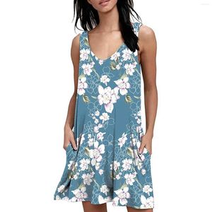 Vestidos Casuais Moda Feminina Decote em V Estampado Flor Sem Mangas Regata Vestido de Bolso Atlético Para Mulheres Manga Longa