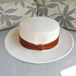 Berets Fedora Hat For Women Wool Hats Luxury Wide Brim Chapeu White Flat Top Panama 2023 Autumn Sombreros De Mujer