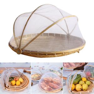 Decorative Plates Hand Woven Food Tent Basket Tray Vegetable Bread Fruit Container Net Mesh Cover Anti Bug Dust Proof Kithen Outdoor Picnic 230625