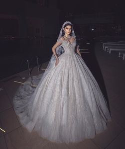 Exquisite Ball Gown Wedding Dresses V Neck Sleeveless Straps Sequins Appliques Beaded Floor Length Ruffles Pearls Crystals Bridal Gowns Plus Size Vestido de novia