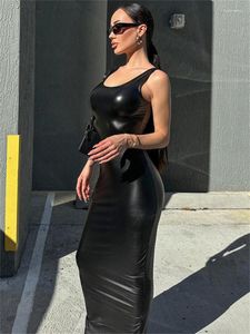 Повседневные платья Habbris Summer Sexy Искусственная кожа PU Bodycon Maxi Club Outfit For Women 2023 Black Camis Backless Party Long Dress Female