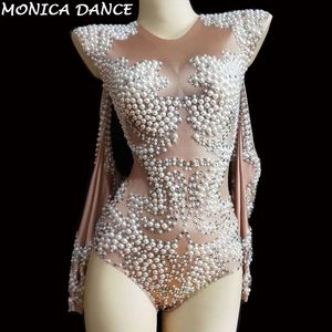 Tute da donna Pagliaccetto Sexy Stage Perle Costume da ballo Tuta manica lunga Donna Outfit Pary Celebrate Nightclub Cantante femminile Body 230625