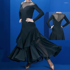 Stage Wear Ballroom Dance Competition Dresses Adult Performance Costume V-shaped Neck Back Waltz Dress Tango Long Sleeve BI008