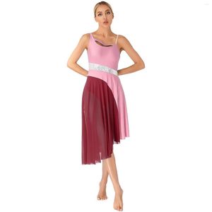 Abbigliamento da palcoscenico Ginnastica da donna Abiti da ballo Costume Sheer Mesh Ballet Body lirico Abito con strass lucido Girocollo Pattinaggio di figura